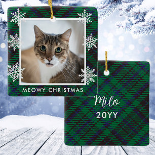 Ornement En Céramique Photo élégante de chat au vichy vert pour un Noël