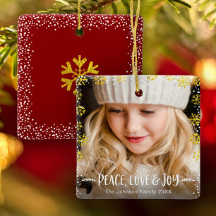 Ornement En Céramique Photo Gold Snowflakes Peace Love and Joy Keepsaké