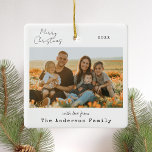 Ornement En Céramique Photo minimaliste manuscrite Joyeux Noël<br><div class="desc">Joyeuses fêtes ! Envoyez vos souhaits chaleureux à vos amis et à votre famille cette saison de Noël avec une photo personnalisée ornement de Noël. Il comprend un script manuscrit minimaliste et une typographie de machine à écrire vintage. Faites votre propre en ajoutant une photo personnalisée, les noms, l'année et...</div>