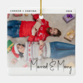 Ornement En Céramique Photo minime mariée et joyeux script noir (Dos)