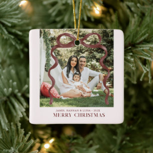 Ornement En Céramique Photo Moderne de Noël avec un Nœud Bourguignon Joy