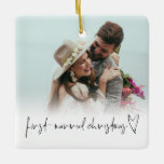 Ornement En Céramique Photo Overlay First Married Christmas Names Year<br><div class="desc">Photo Overlay First Married Christmas Names Year. To celebrate your first holiday season as newlyweds and keepsake for Chrstmasses to come, easily personalize your names and year or wedding date on the back. With a funky set script and heart motif for First married Christmas along with your photo on the...</div>