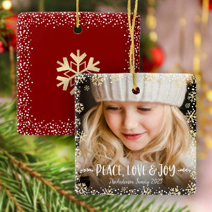 Ornement En Céramique Photo Peace Loy Joy Gold Snowflake Chic Christmas