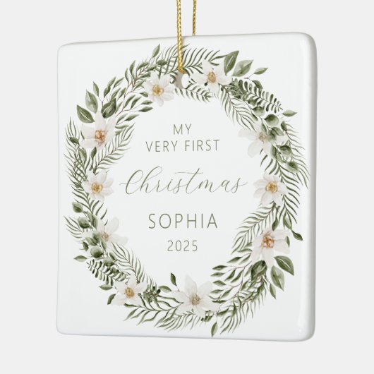 Ornement En Céramique Photo personnalisée Baby First Christmas Woodland (Gauche)