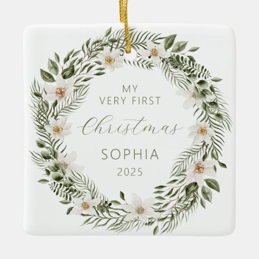Ornement En Céramique Photo personnalisée Baby First Christmas Woodland (Devant)