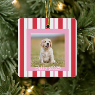 Ornement En Céramique Photo personnalisée de chien rose rouge avec nom