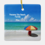 Ornement En Céramique Photo personnalisée Panama City Beach Parapluies<br><div class="desc">Si vous avez voyagé à Panama City, en Floride cette année, vous voudrez vous souvenir du voyage avec cet unique ornement souvenir de voyage de Noël avec cette image photographique vibrante des eaux bleu turquoise, plage de sable blanc, et un parasol de plage rouge, chaise et typographie de plage rustique....</div>