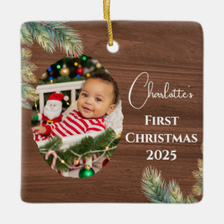 Ornement En Céramique Photo Pine d'aquarelle Premier Noël du bébé