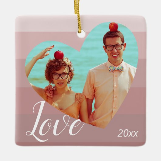 Ornement En Céramique Photo Pink Stripe Heart Saint Valentin (Devant)