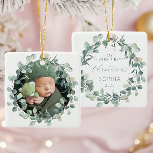 Ornement En Céramique Photo Premier Noël de Bébé Couronne d'Eucalyptus