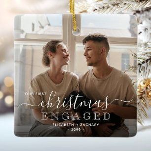 Ornement En Céramique Photo Typographie Blanche 1er Noël Fiancés