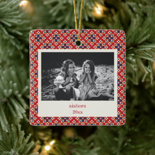 Ornement En Céramique Photo vintage Noël rouge bleu Sœurs