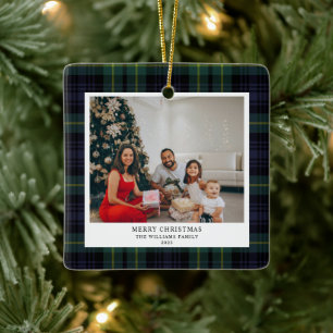 Ornement En Céramique Photo vintage Plaid Navy Noël