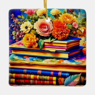Ornement En Céramique Pile de livres anciens et fleurs