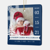 Ornement En Céramique Pine Tree & Snow Baby Birth Stats & Photos Bleu (Gauche)