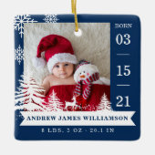 Ornement En Céramique Pine Tree & Snow Baby Birth Stats & Photos Bleu (Devant)