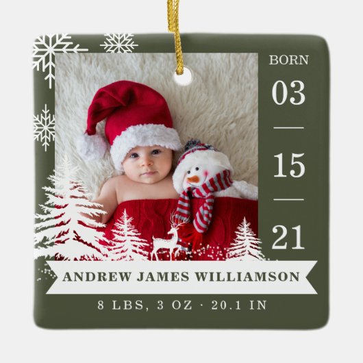 Ornement En Céramique Pine Tree & Snow Baby Birth Stats & Photos Rouge (Devant)