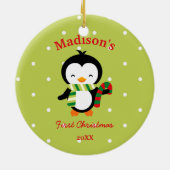 Ornement En Céramique Pingouin mignon et pois de premier Noël du bébé (Dos)