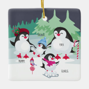 Ornement En Céramique Pingouins mignons avec des noms de famille de 4