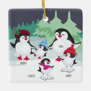 Ornement En Céramique Pingouins mignons avec des noms de famille de 5