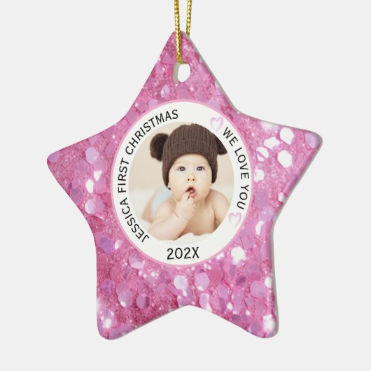 Ornement En Céramique Pink Baby Girl First Christmas Nom Photo (Gauche)