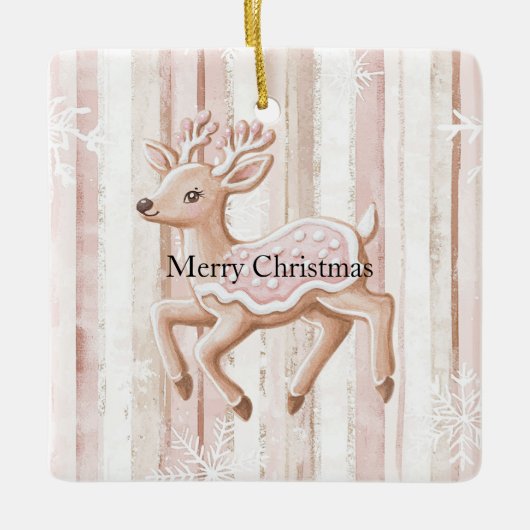 Ornement En Céramique Pink Christmas Snowflakes Reindeer (Devant)