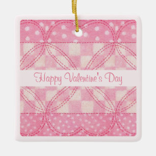Ornement En Céramique PINK HEART QUILT Valentine Céramique Sq. Ornement