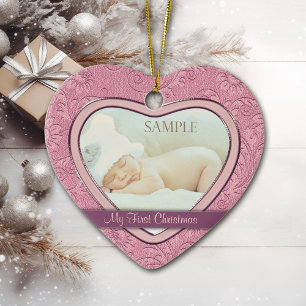 Ornement En Céramique Pink Heart Swirl Baby First Christmas