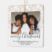 Ornement En Céramique Pink Rococo Joyeux Noël Script Photo (Gauche)