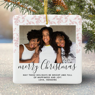 Ornement En Céramique Pink Rococo Joyeux Noël Script Photo