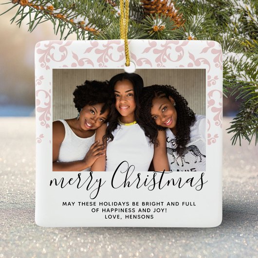 Ornement En Céramique Pink Rococo Joyeux Noël Script Photo