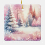 Ornement En Céramique Pink Winter Wonderland Noël personnalisé<br><div class="desc">Joli décor personnalisé de Noël rose merveilleux d'hiver. Une forêt rose avec des pins couverts de neige. Back a une place pour un message personnalisé et un arrière - plan de flocons de neige rose et bleu.</div>