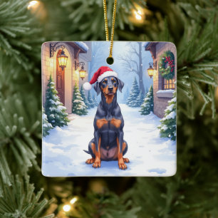 Ornement En Céramique Pinscher allemand Courtyard enneigé Chapeau de Pèr