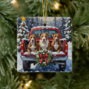 Ornement En Céramique Pitbull camion rouge de Noël vacances