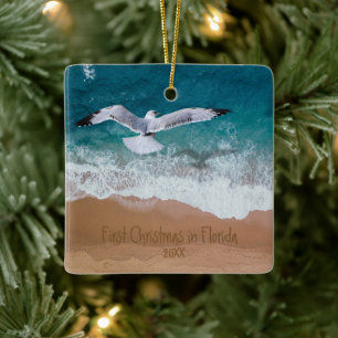Ornement En Céramique Plage d'écriture de sable Notre premier Noël en Fl