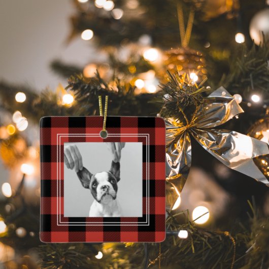 Ornement En Céramique Plaid rouge Buffalo moderne | Photo de chien