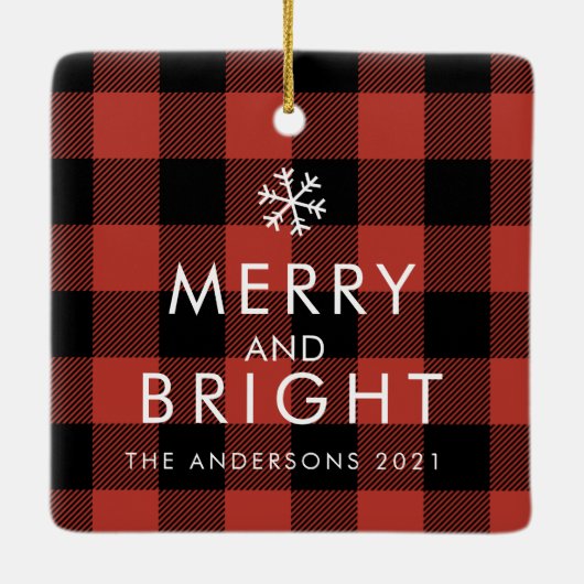 Ornement En Céramique Plaid rouge Buffalo moderne | Photo de famille | I (Dos)