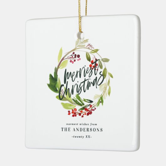 Ornement En Céramique plus joyeux noël aquarelle rouge baies feuillage (Gauche)