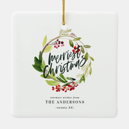 Ornement En Céramique plus joyeux noël aquarelle rouge baies feuillage (Dos)