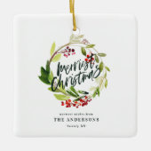 Ornement En Céramique plus joyeux noël aquarelle rouge baies feuillage (Devant)