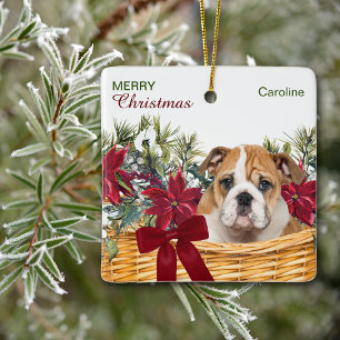 Ornement En Céramique Poinsettia Bulldog Puppy Christmas Basket