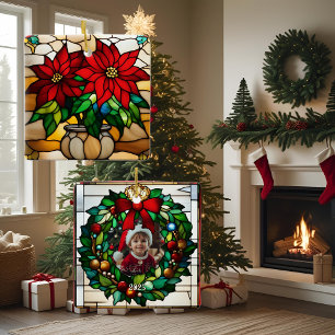 Ornement En Céramique Poinsettias Plantés Faux Vitrail