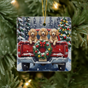 Ornement En Céramique Poodle Noël Camion Rouge Fêtes