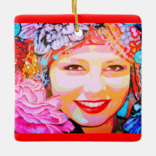 Ornement En Céramique Portrait d'une jeune fille aux fleurs