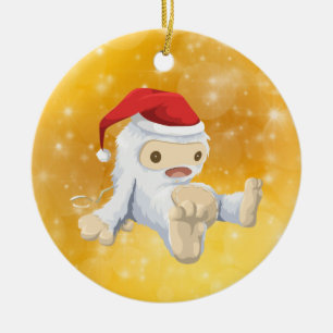 Ornement En Céramique Poupée Yeti de Noël avec Arrière - plan Gold Bokeh