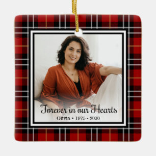 Ornement En Céramique Pour toujours dans nos coeurs Rouge Plaid Memorial