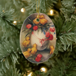 Ornement En Céramique Poussins de Pâques vintage, Œuf avec fleurs de tul