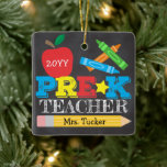 Ornement En Céramique Pre-K Preschool Teacher Keepsake Bright Chalkboard<br><div class="desc">Pre-K teacher ornament design features an apple, crayons, a pencil and bold, colorful fun typography! Click the customize button for more options for modifying the text! Variations of this design, additional colors, as well as coordinating products are available in our shop, zazzle.com/store/doodlelulu. Contact us if you need this design applied...</div>