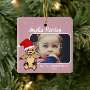 Ornement En Céramique Premier bébé`s Noël Teddy Bear Santa Hat Photo