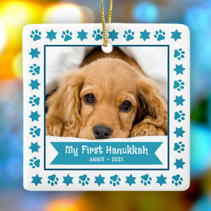 Ornement En Céramique Premier Hanoukka Pet chiot photo Turquoise Paws mi